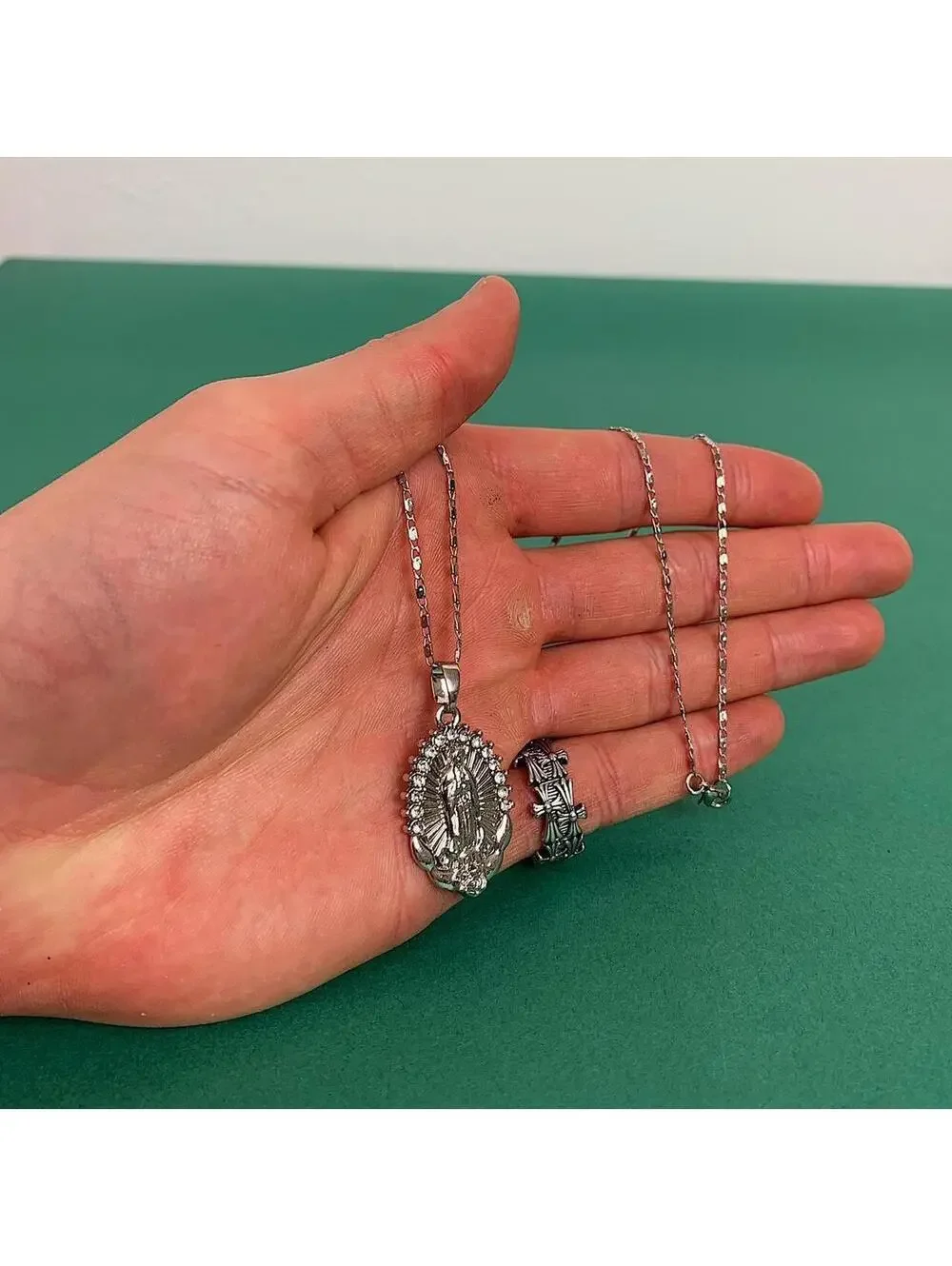 Silver Saint Marry rhinestone pendant y2k 90s style necklace chain. Grunge punk